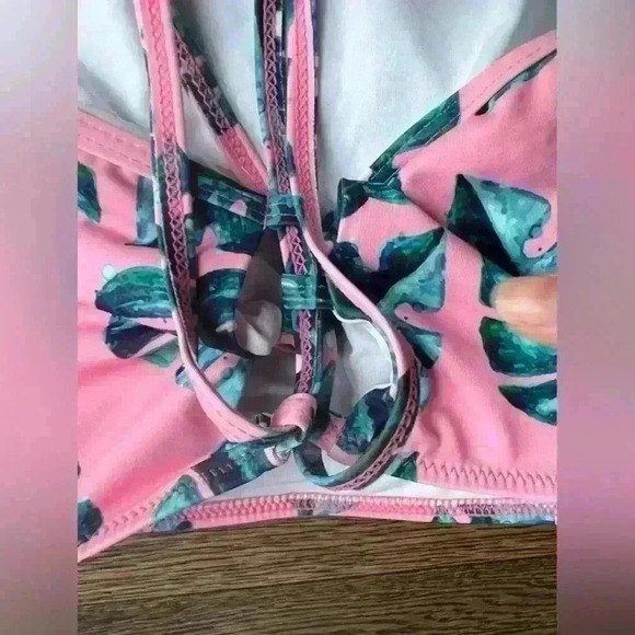 Women’s Tropical Leaf Pink Tube Top Bathing Suit Strapless Swimsuit Medium - Picture 3 of 9